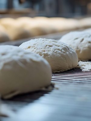 Pieces of dough on a conveyor belt Industrial production of bread Preparing dough for baking bread or baguettes Baking business : Generative AI