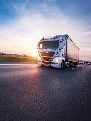 Loaded European truck on motorway in beautiful sunset light. On the road transportation and cargo.